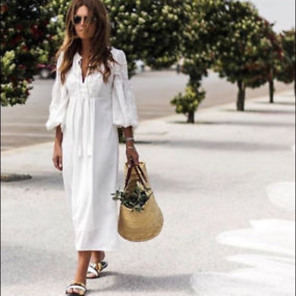 SOLD! Zara Embroidered Puffed Sleeve Linen Dress - Picture 7 of 8